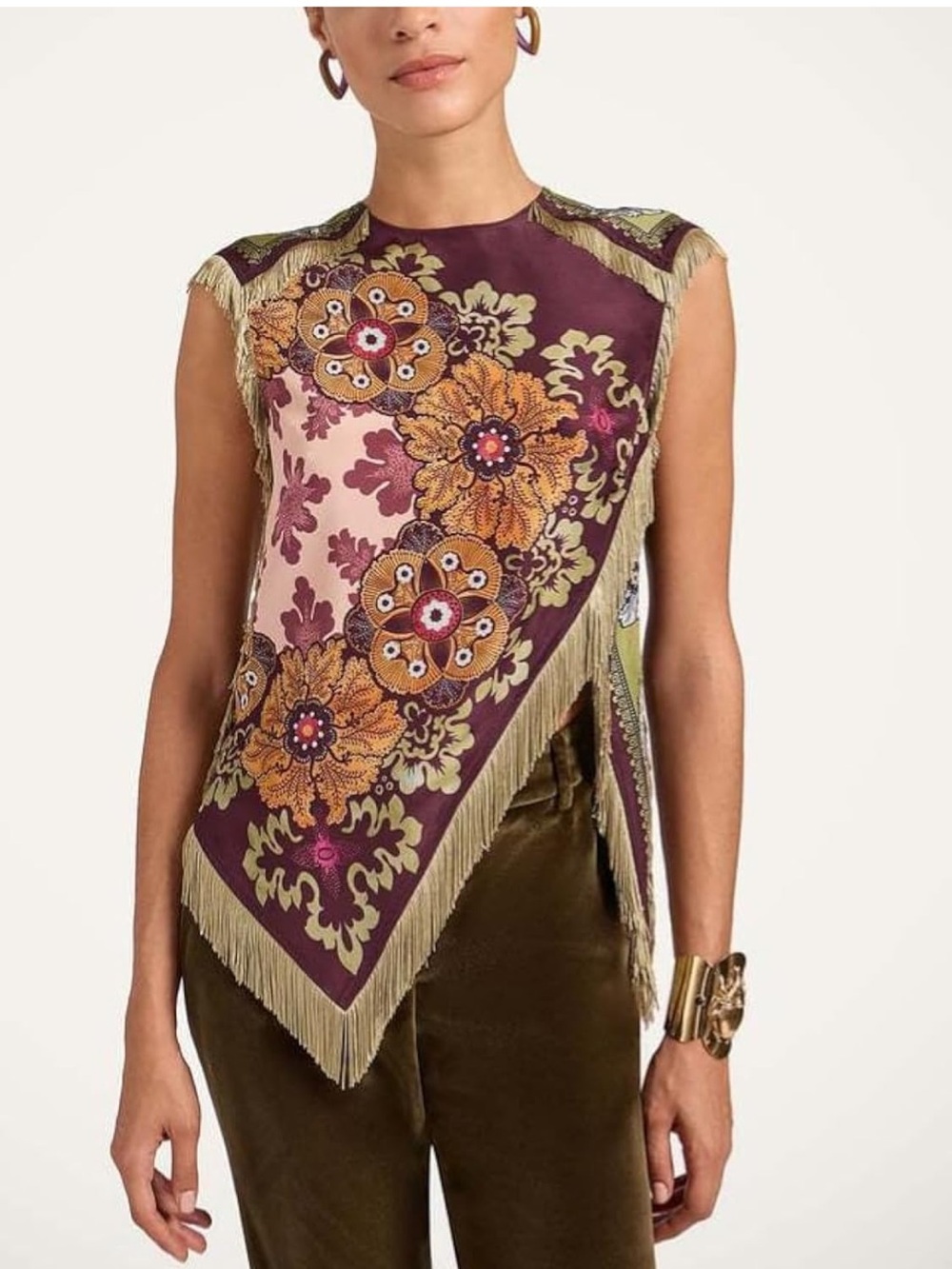 Fringed Floral Scarf Top in Plum and Gold